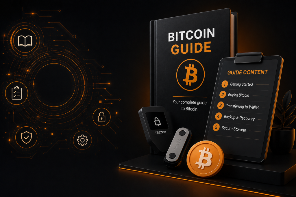 Hero image for the Bitcoin Guides section featuring a Bitcoin guidebook, hardware wallet, and step-by-step learning resources.