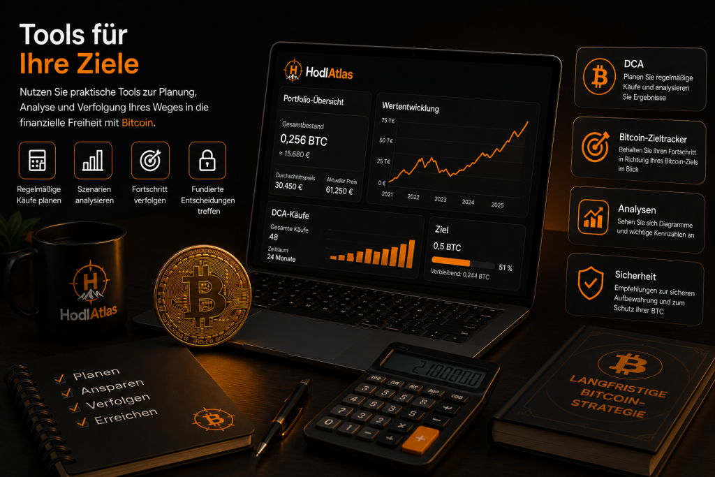 Bitcoin-Tools von HodlAtlas – DCA-Rechner, Bitcoin-Zieltracker, Analysen und Sicherheitsplanung
