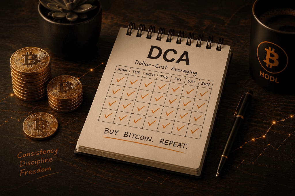 DCA strategy illustration showing a Dollar-Cost Averaging investment schedule for regular Bitcoin purchases.