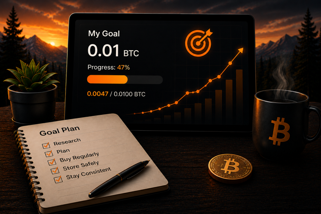 Bitcoin Goal Tracker showing progress toward a 0.01 BTC savings target