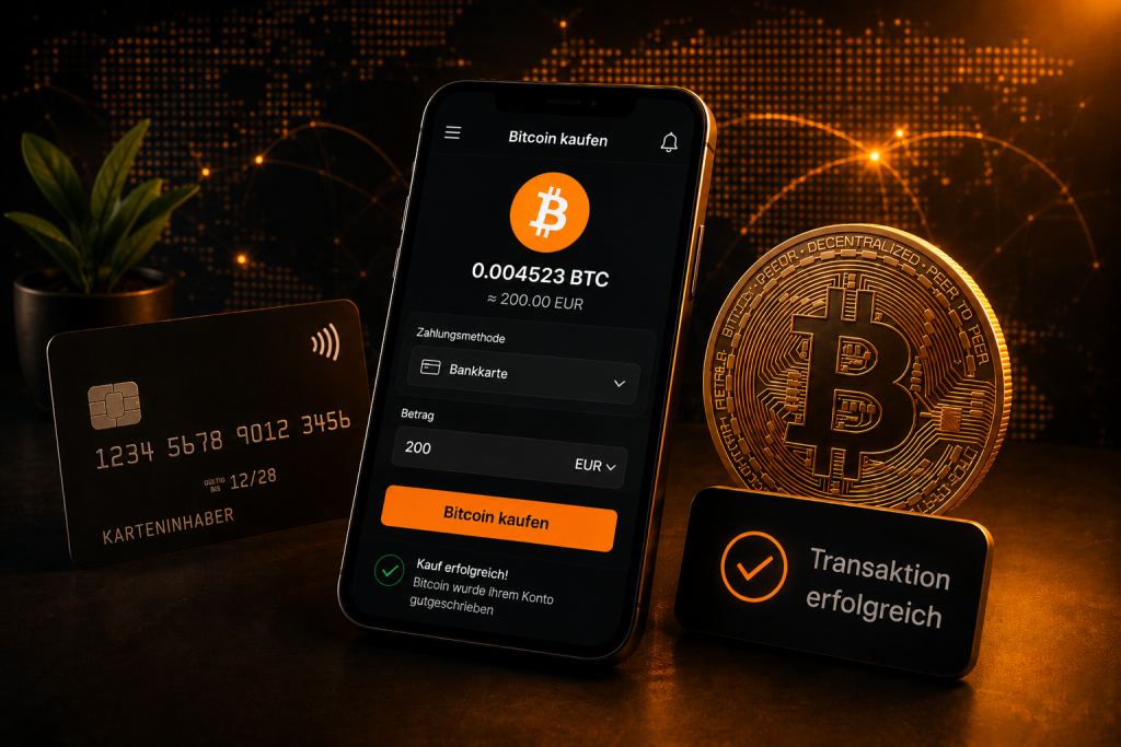 Bitcoin sicher mit einer Bankkarte über eine Kryptobörse kaufen.