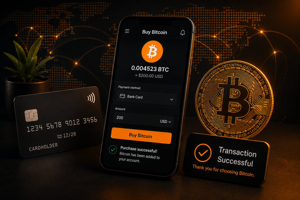 Illustration of buying Bitcoin with a bank card using a mobile app.