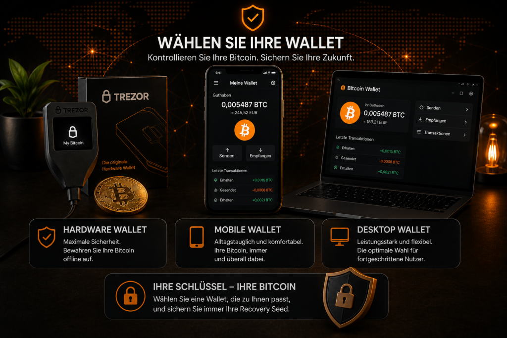 Bitcoin Wallet auswählen – Hardware Wallet, Mobile Wallet und Desktop Wallet vergleichen.