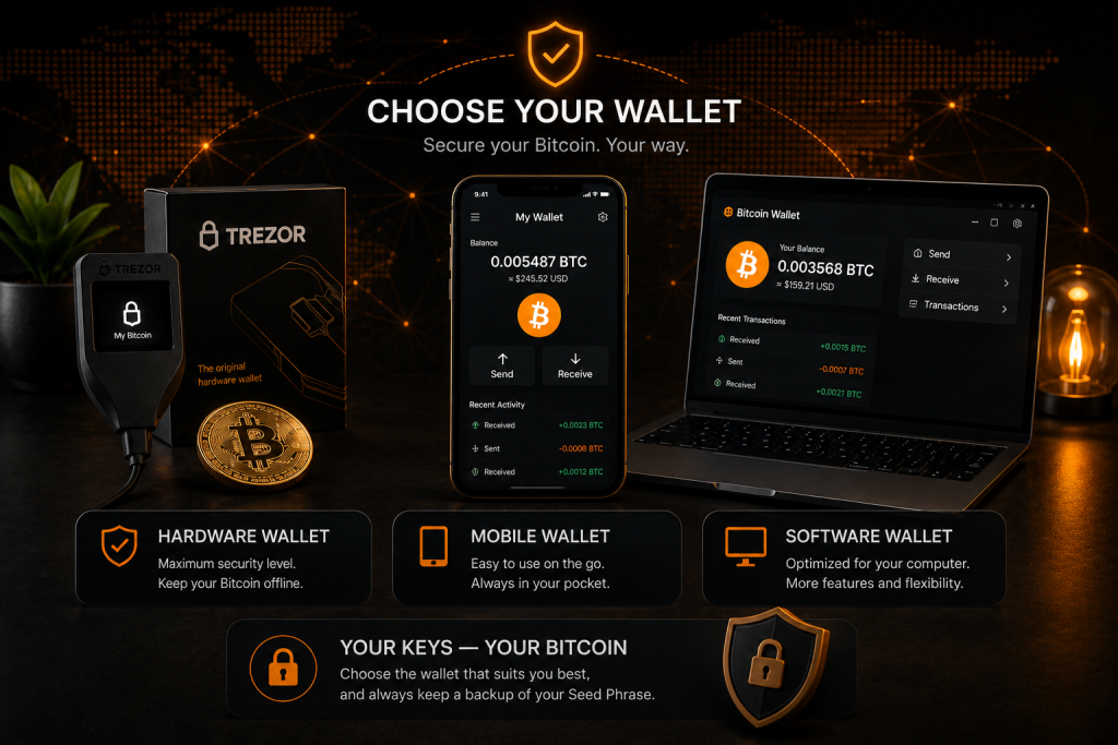 Comparison of Bitcoin hardware, mobile, and software wallets for secure Bitcoin storage.