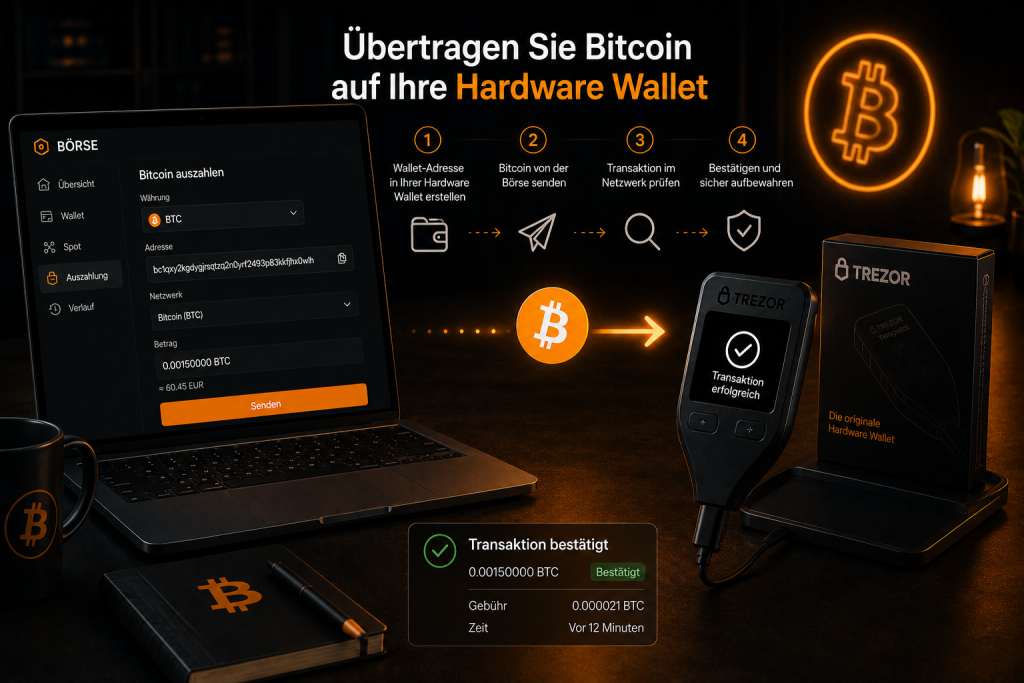 Bitcoin von einer Börse sicher auf eine Hardware Wallet übertragen – Schritt-für-Schritt-Anleitung.