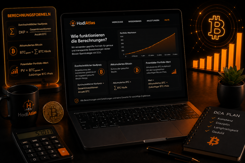Erklärung der Berechnungsformeln des Bitcoin DCA Rechners mit Diagrammen, Kennzahlen und Portfolioanalyse.