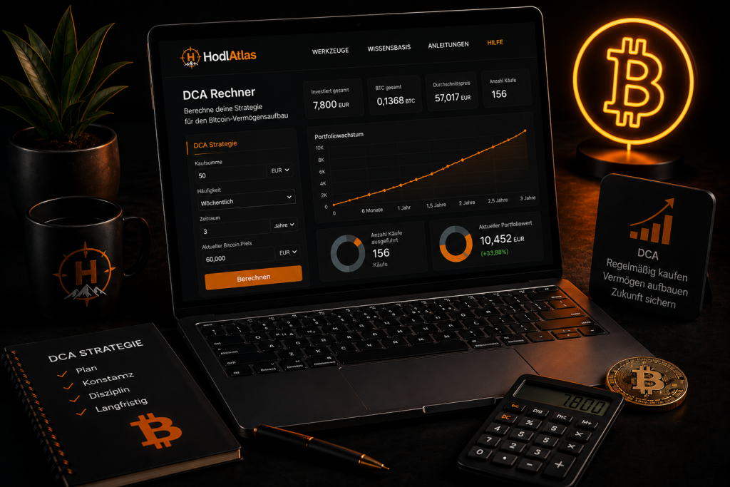 DCA Rechner für Bitcoin mit Portfolioanalyse, Wachstumsdiagramm und langfristiger Sparstrategie.