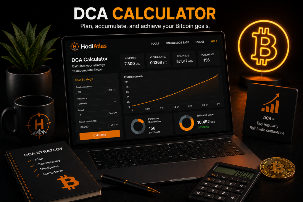 DCA calculator dashboard for planning long-term Bitcoin accumulation.