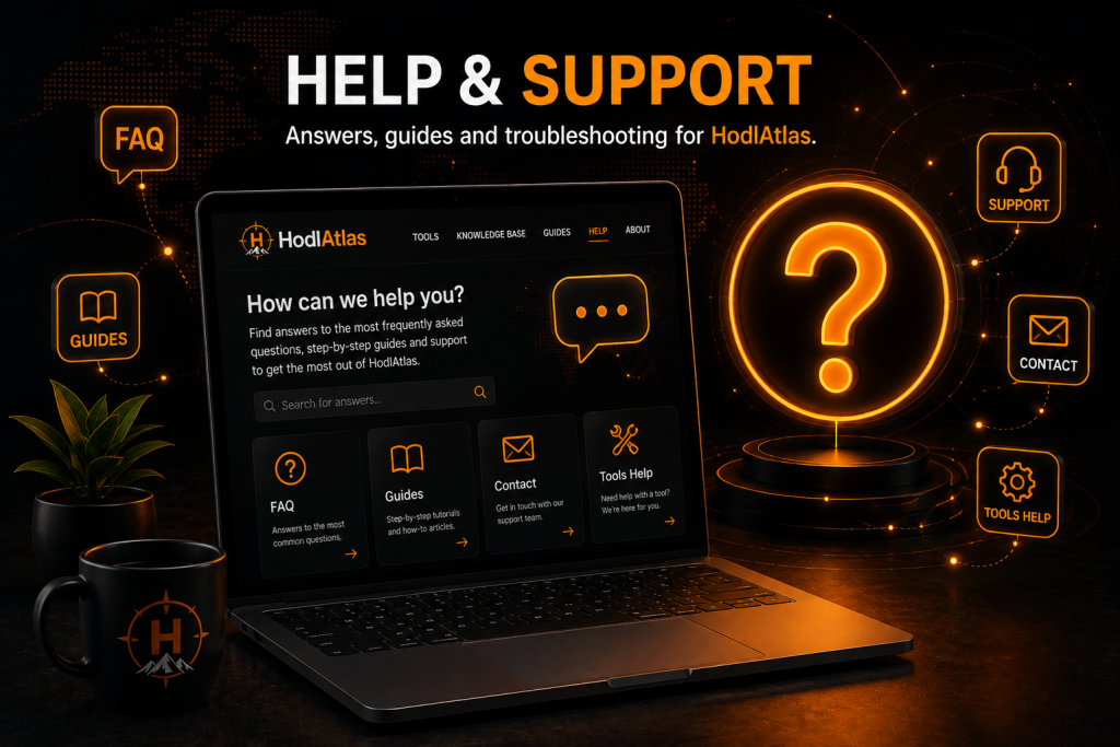 Help and FAQ illustration for HodlAtlas with answers, guides, and support resources.