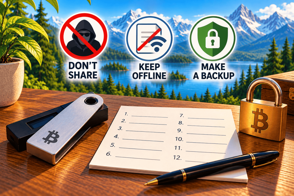 Bitcoin seed phrase security with a hardware wallet, offline backup sheet, and protection against scams