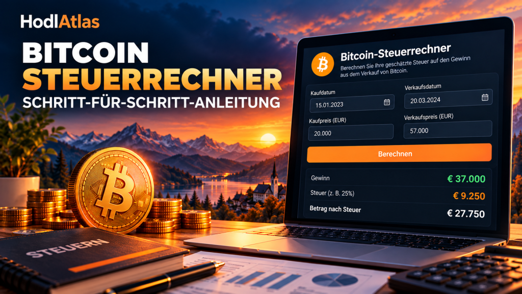 Bitcoin-Steuerrechner Anleitung auf HodlAtlas zur Berechnung der geschätzten Steuer auf Bitcoin-Gewinne