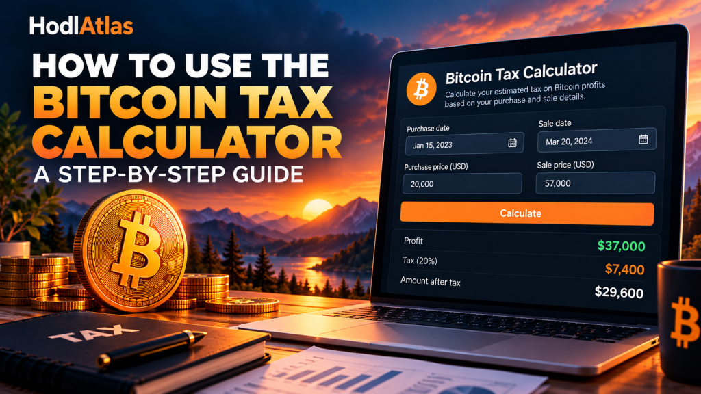 Bitcoin Tax Calculator guide on HodlAtlas showing how to estimate taxes on Bitcoin profits